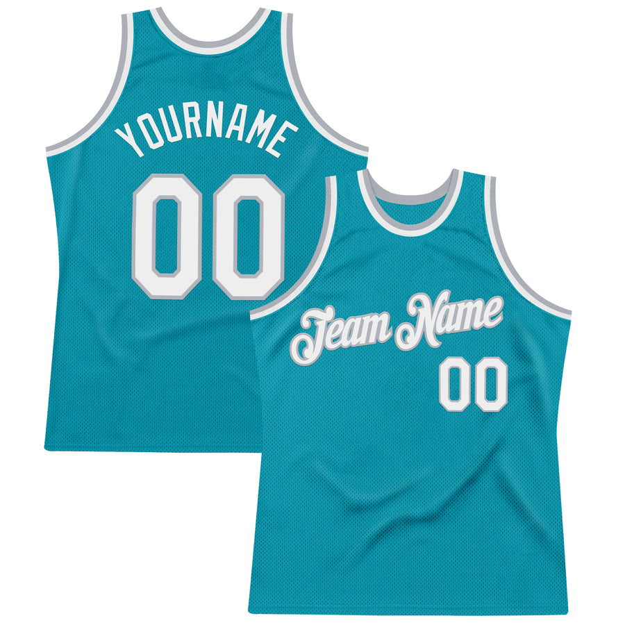 Custom Teal White-Gray Authentic Throwback Basketball Jersey