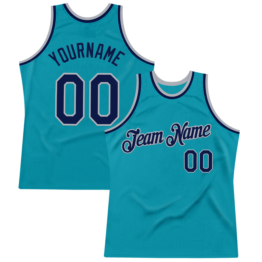 Custom Teal Navy-Gray Authentic Throwback Basketball Jersey