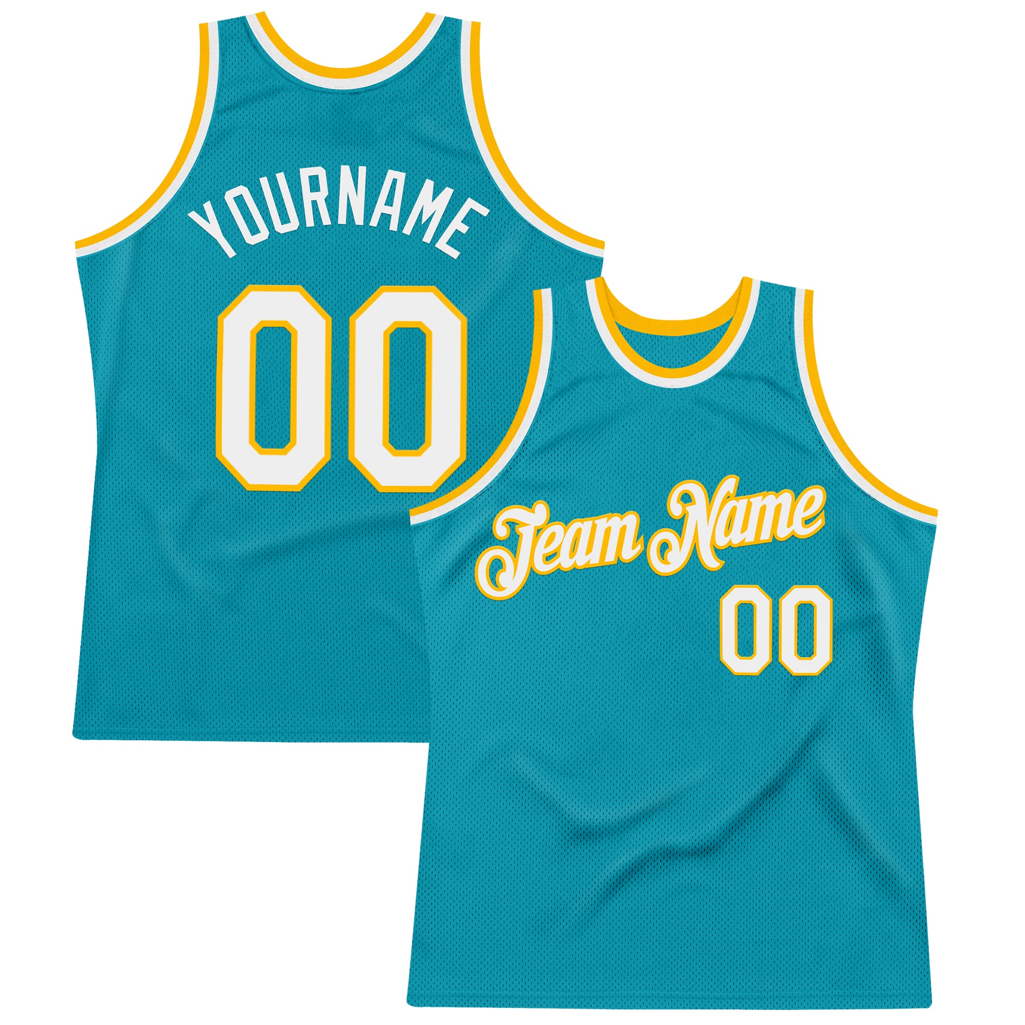 Custom Teal White-Gold Authentic Throwback Basketball Jersey