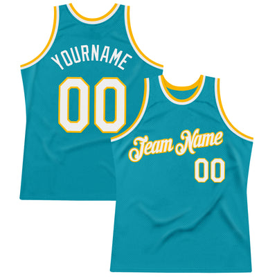 Custom Teal White-Gold Authentic Throwback Basketball Jersey