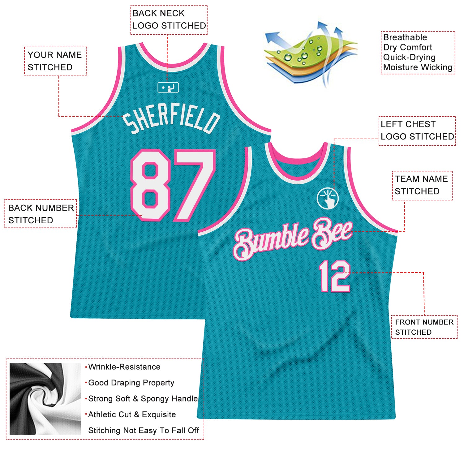 Custom Teal White-Pink Authentic Throwback Basketball Jersey