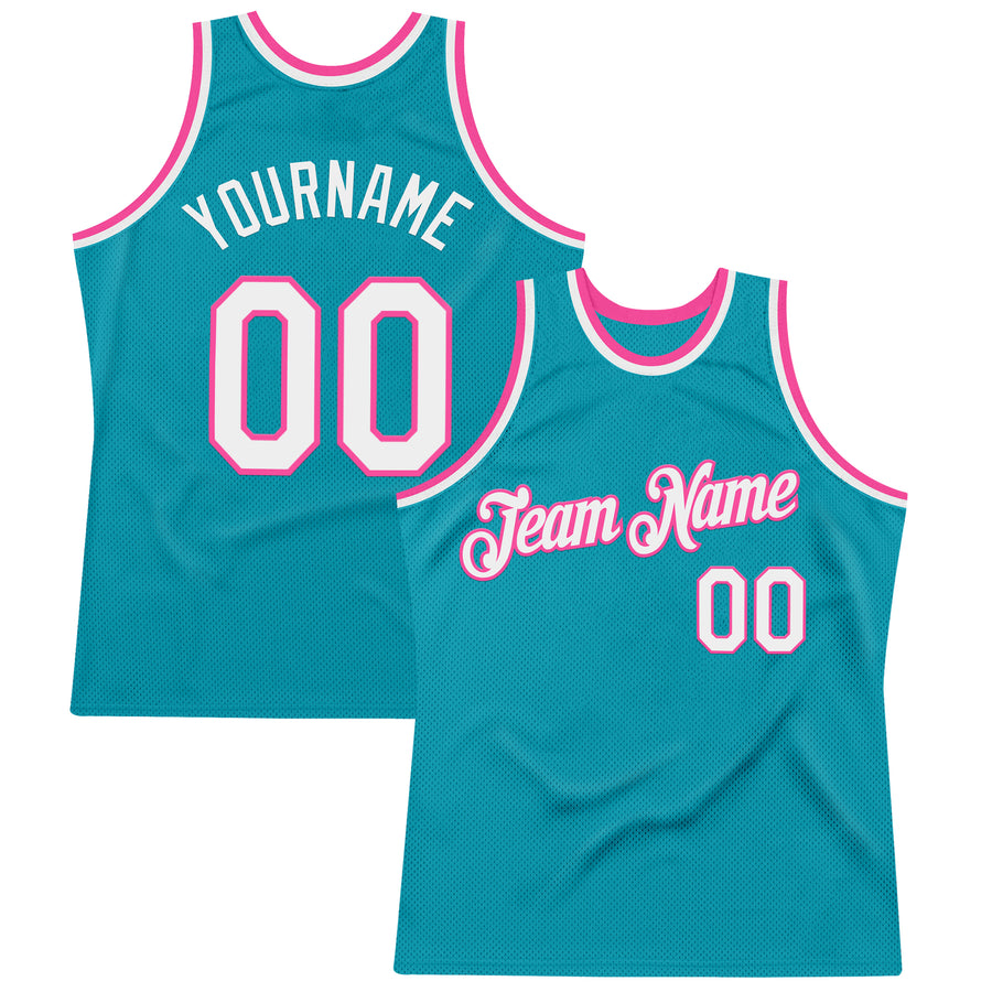 Custom Teal White-Pink Authentic Throwback Basketball Jersey