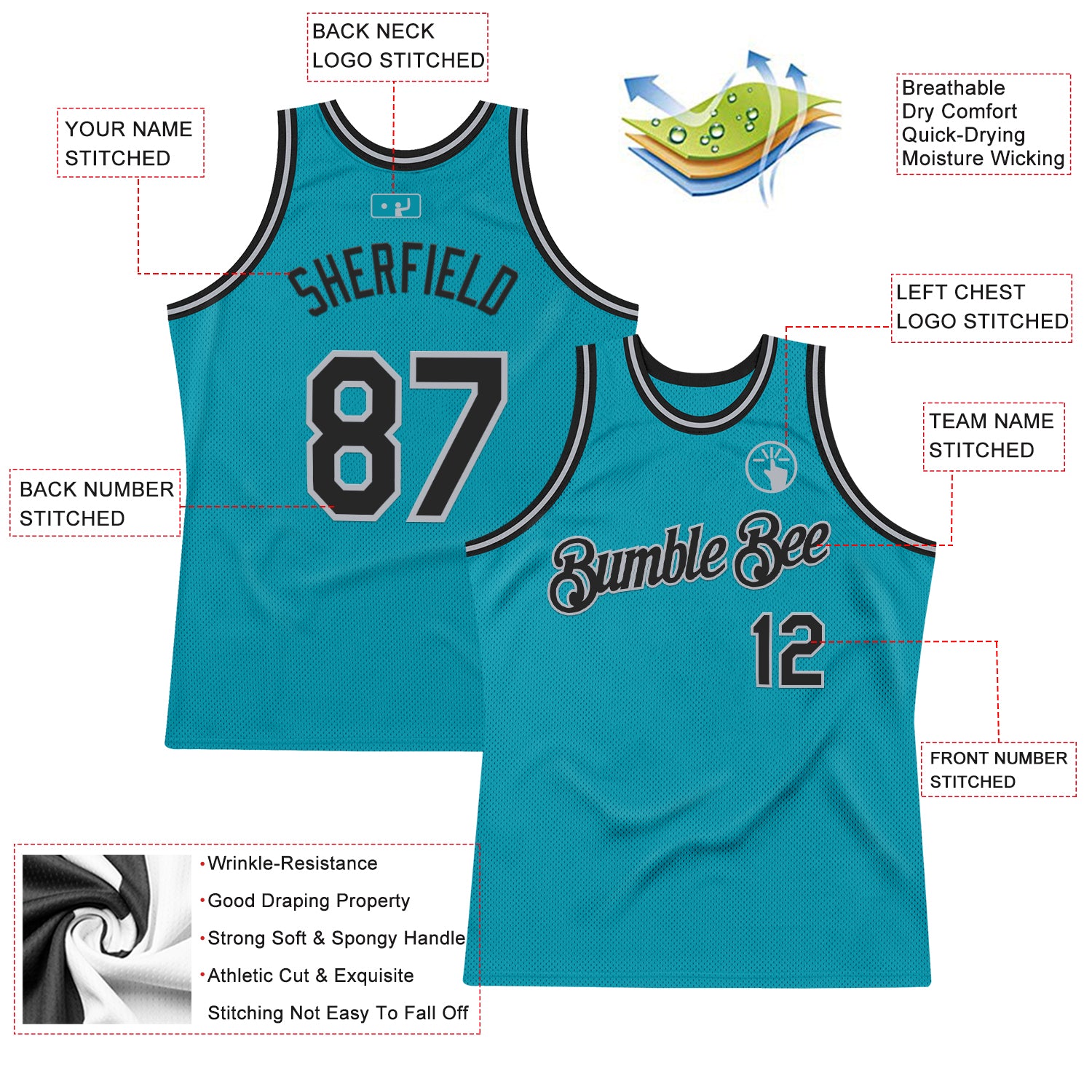 Custom Teal Black-Gray Authentic Throwback Basketball Jersey