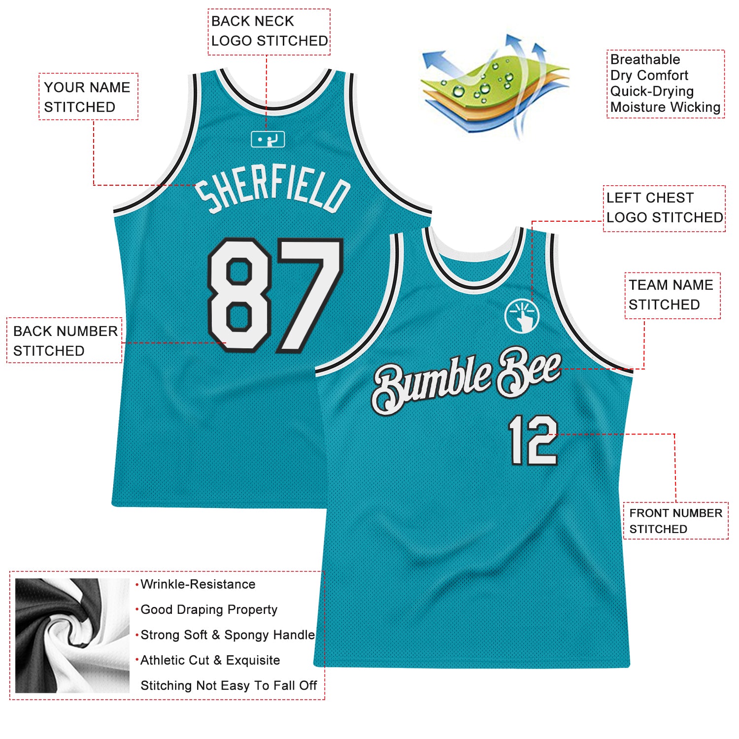 Custom Teal White-Black Authentic Throwback Basketball Jersey