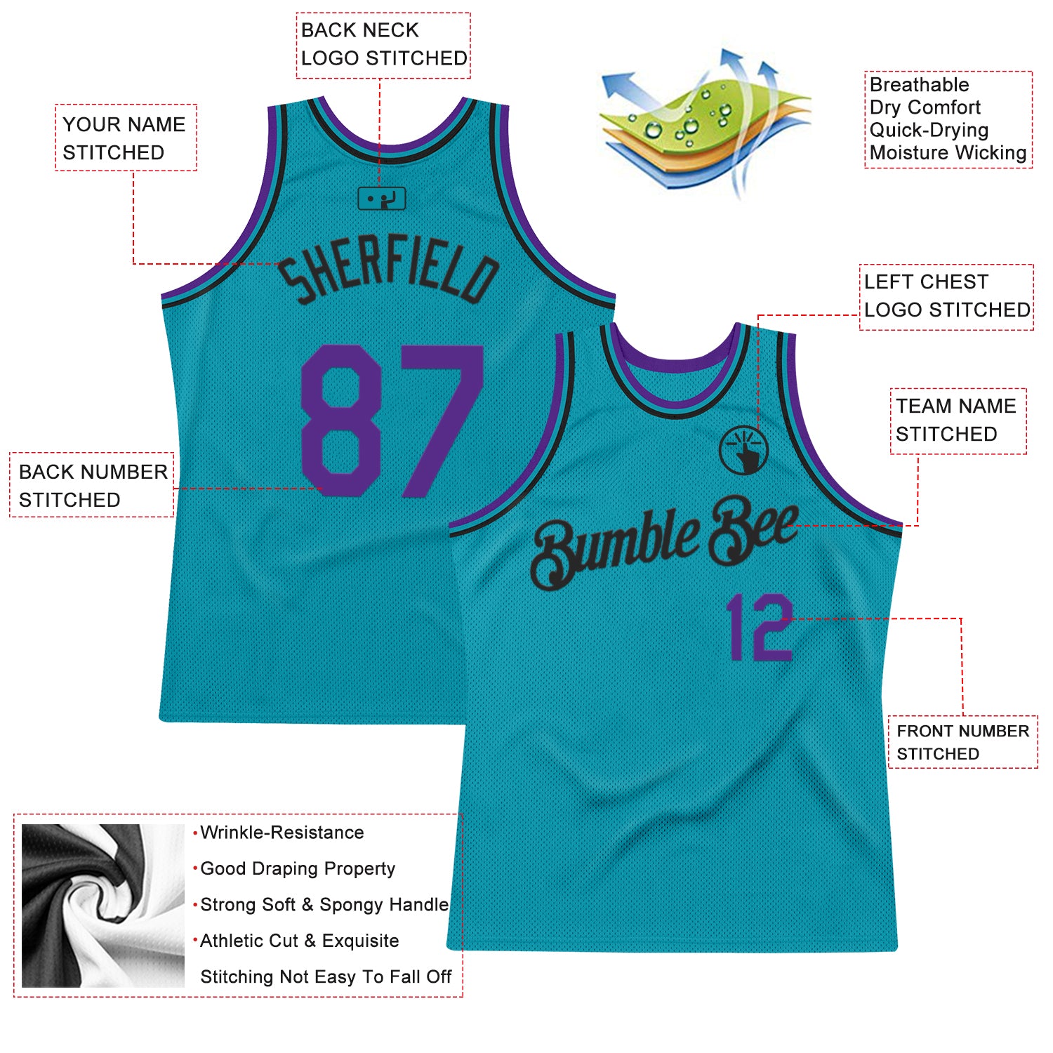 Custom Teal Purple-Black Authentic Throwback Basketball Jersey