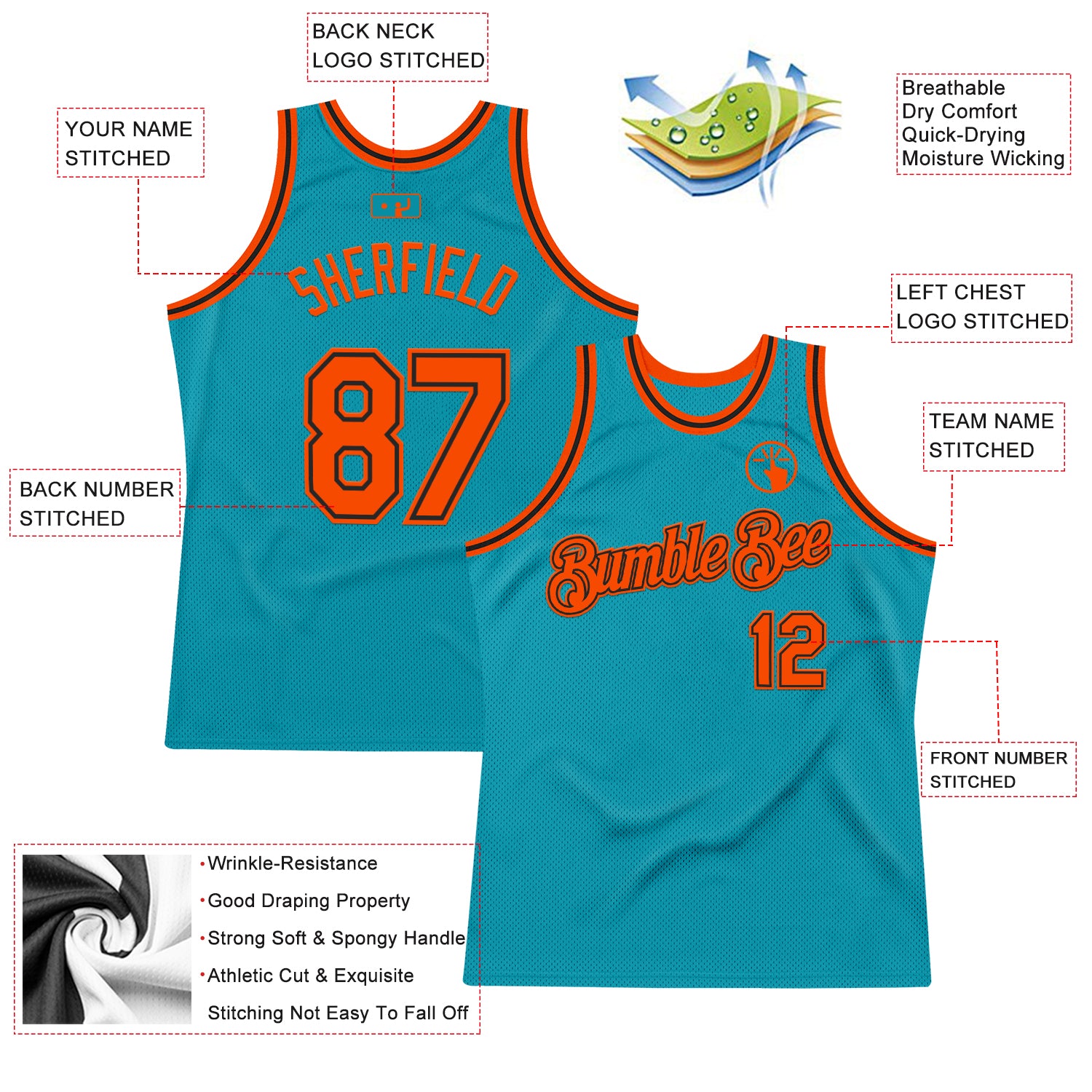 Custom Teal Orange-Black Authentic Throwback Basketball Jersey