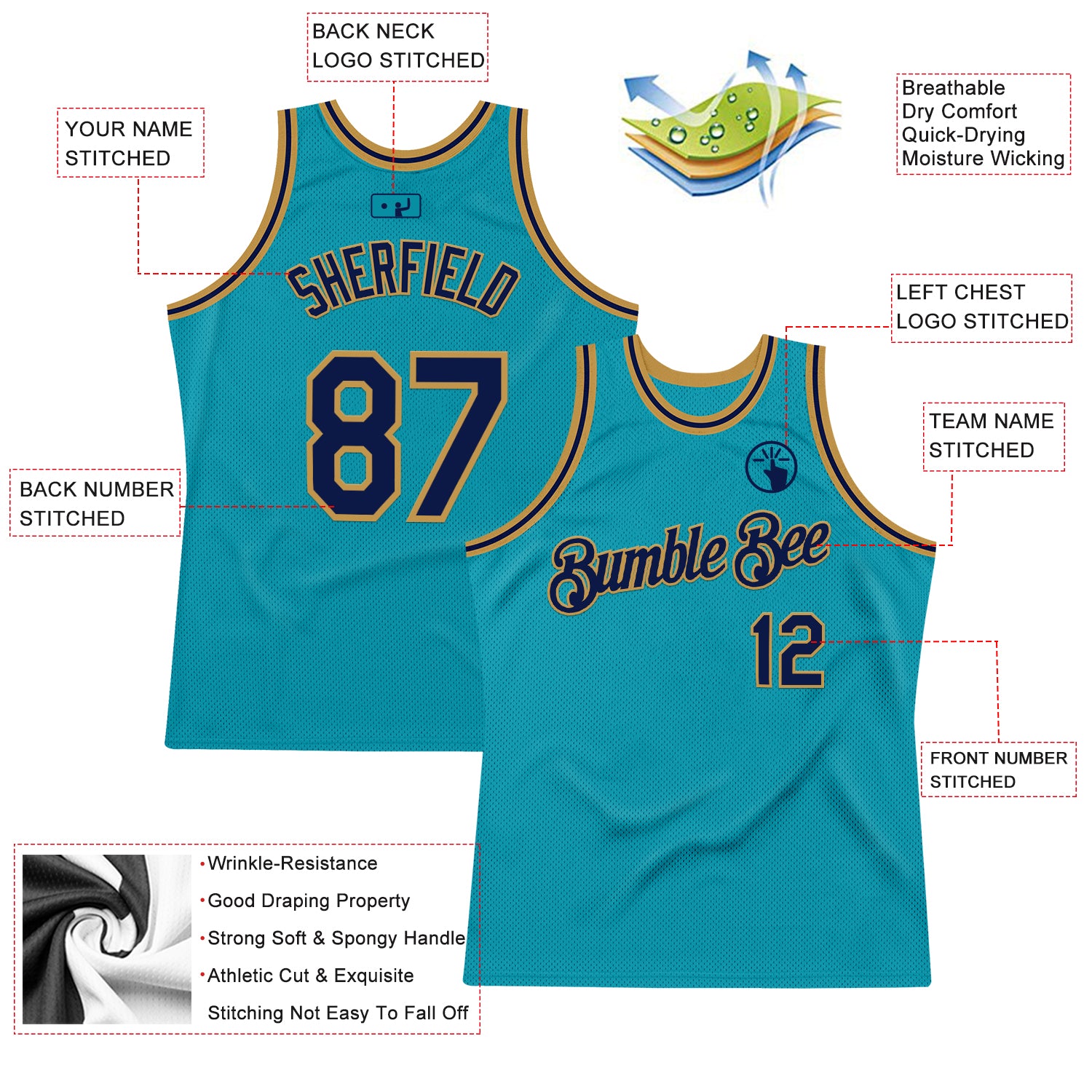 Custom Teal Navy-Old Gold Authentic Throwback Basketball Jersey