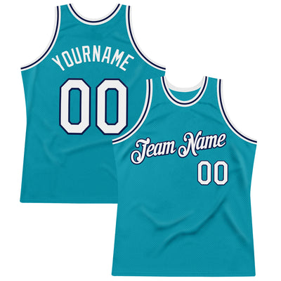 Custom Teal White-Navy Authentic Throwback Basketball Jersey