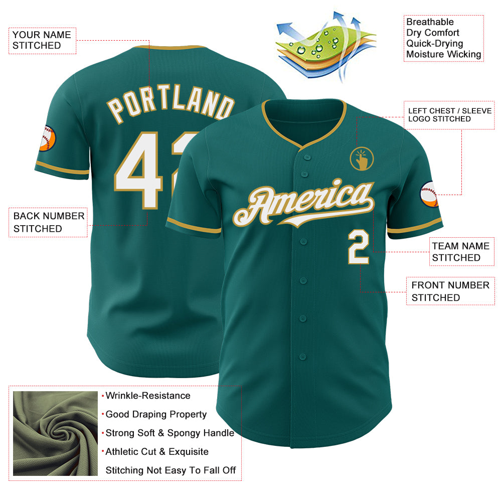 Custom Teal White-Old Gold Authentic Baseball Jersey