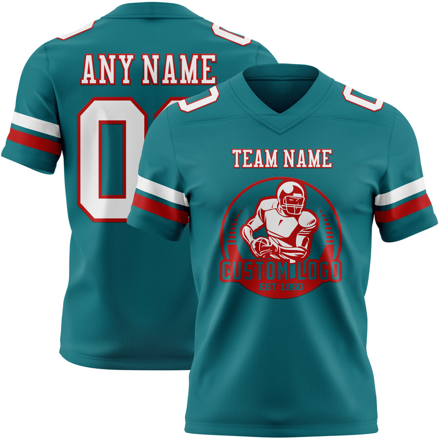 Custom Teal White-Red Authentic Football Jersey