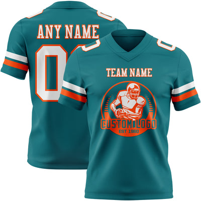 Custom Teal White-Orange Authentic Football Jersey
