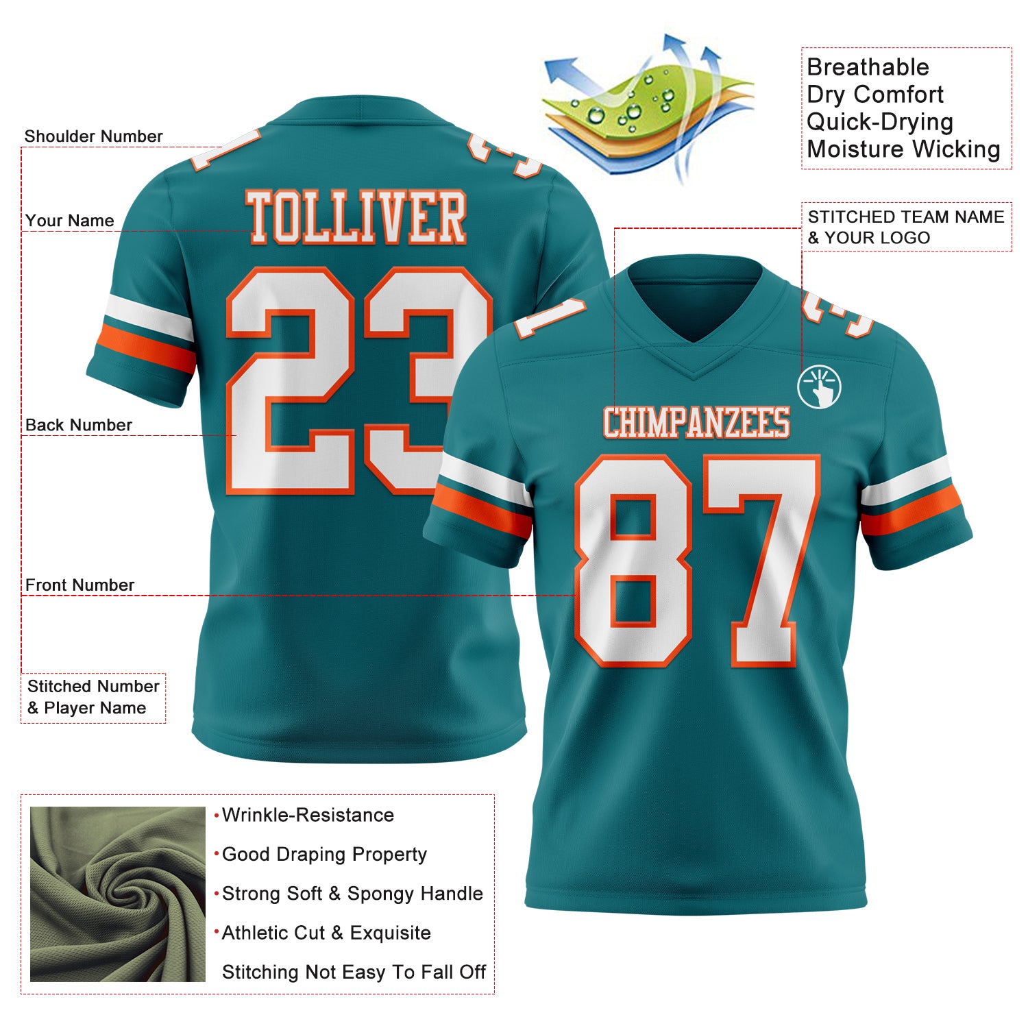 Custom Teal White-Orange Authentic Football Jersey