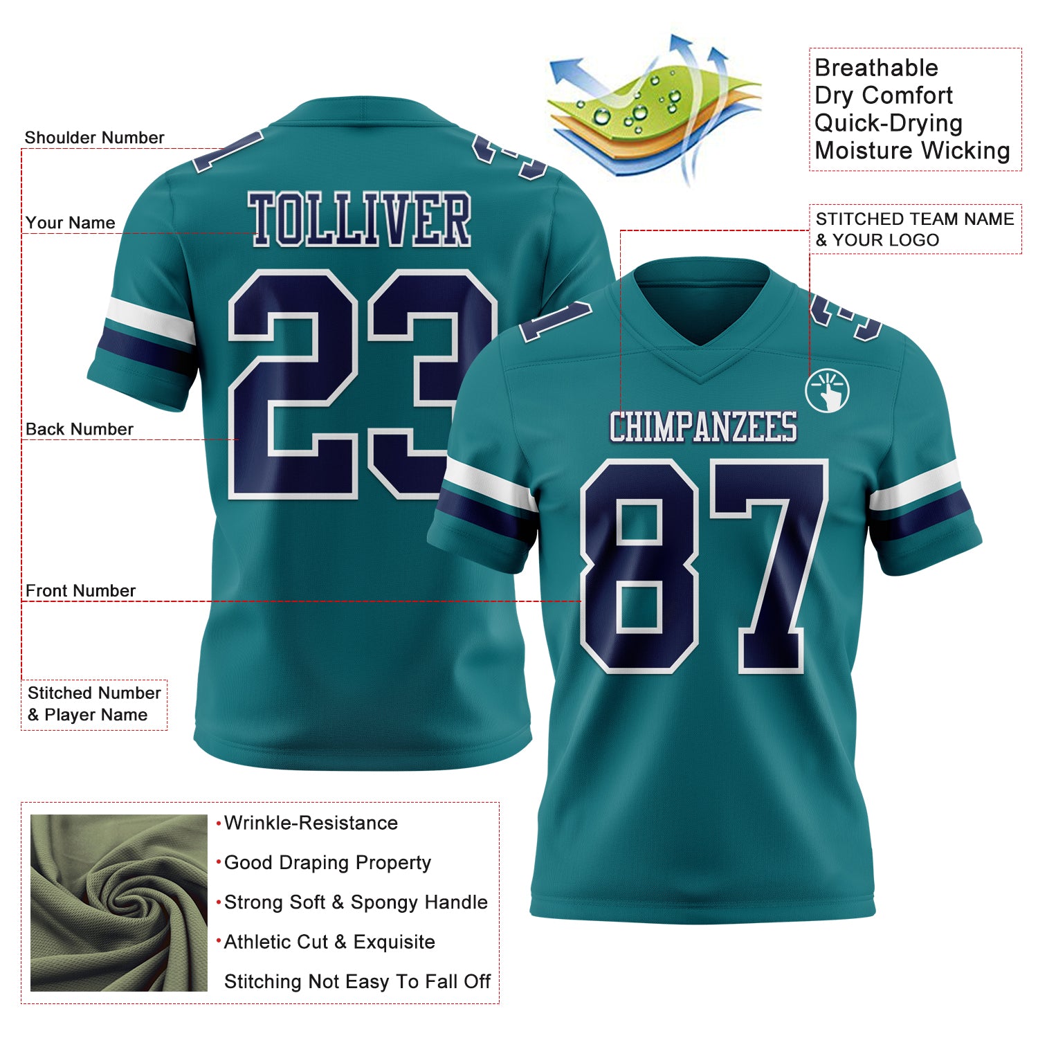 Custom Teal Navy-White Authentic Football Jersey