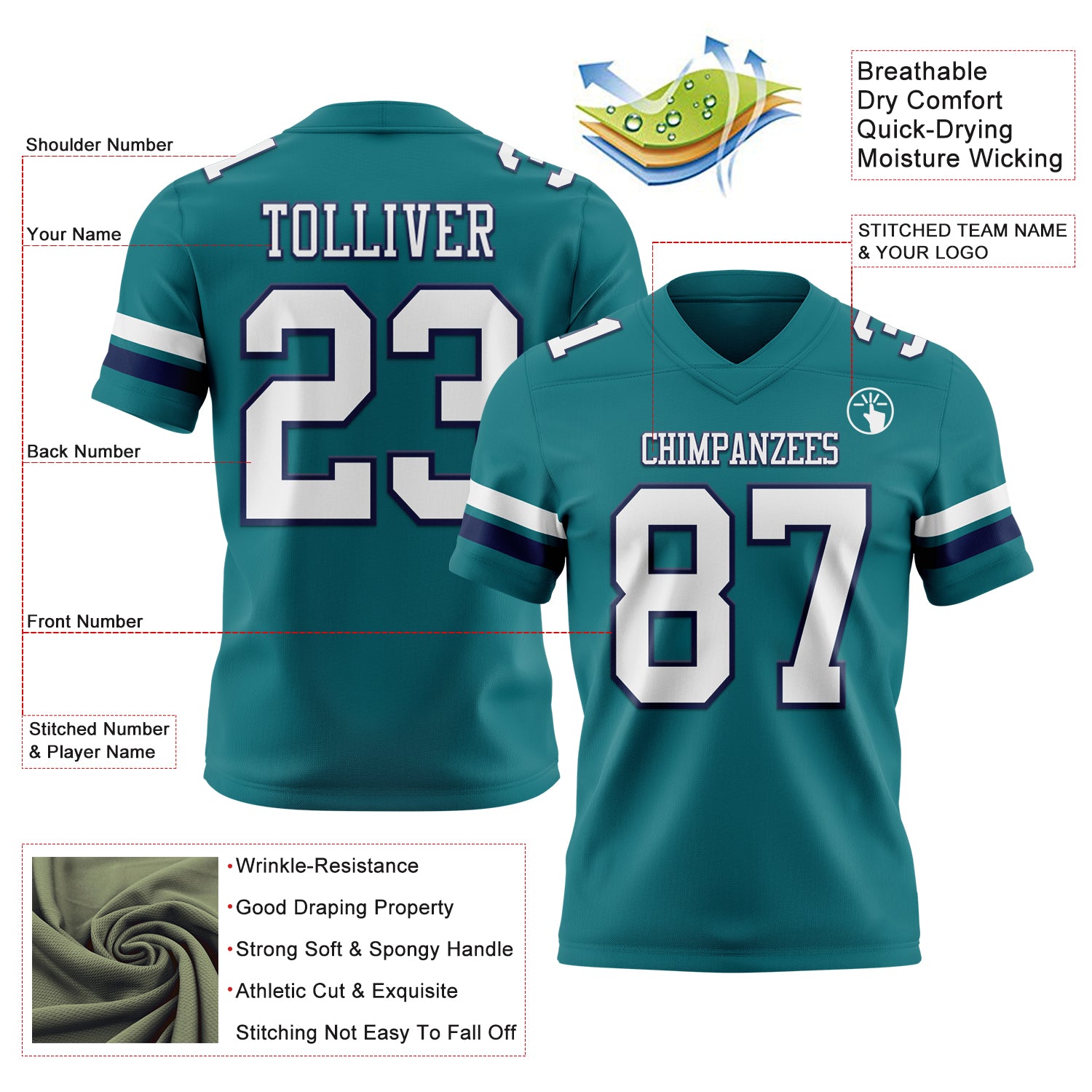 Custom Teal White-Navy Authentic Football Jersey