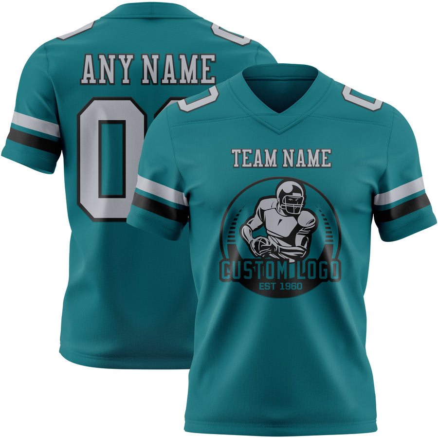Custom Teal Gray-Black Authentic Football Jersey