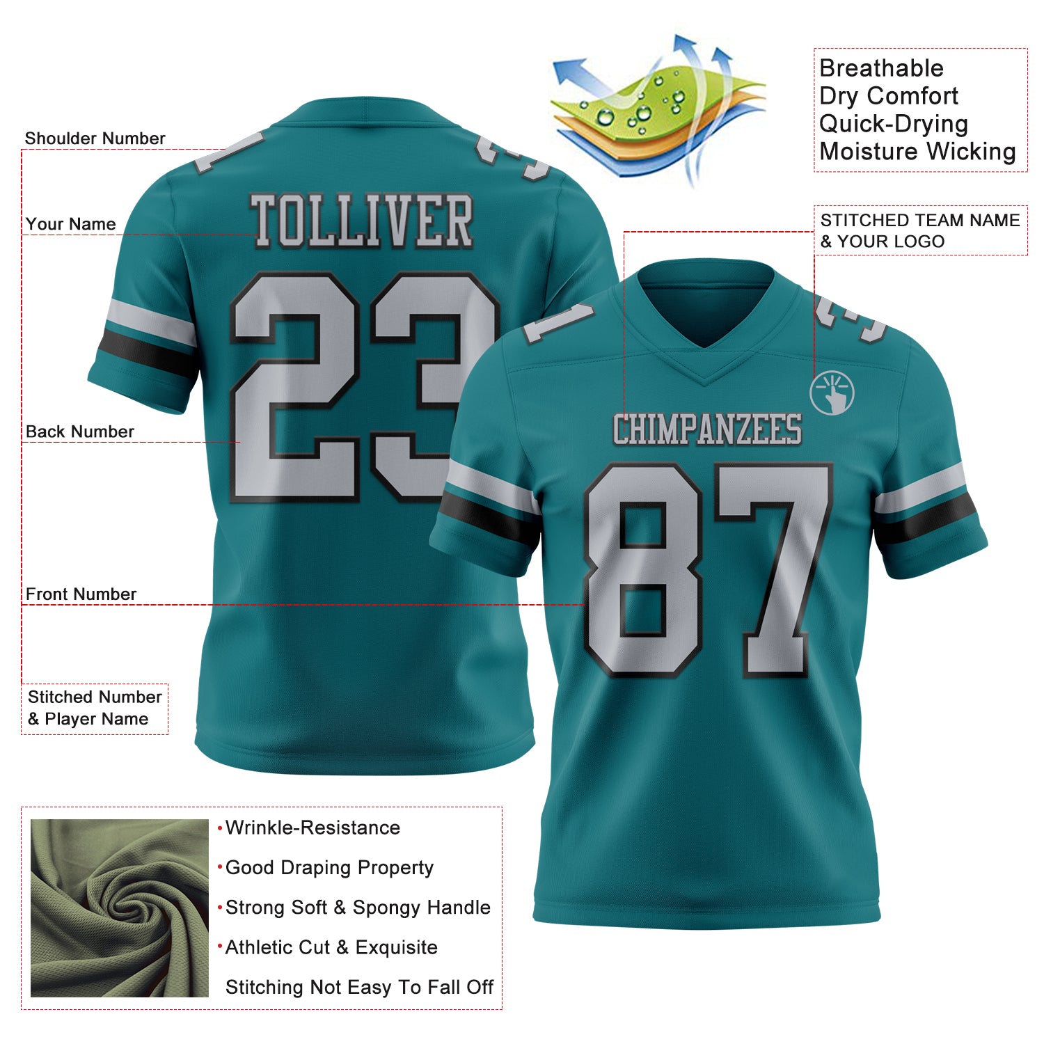 Custom Teal Gray-Black Authentic Football Jersey