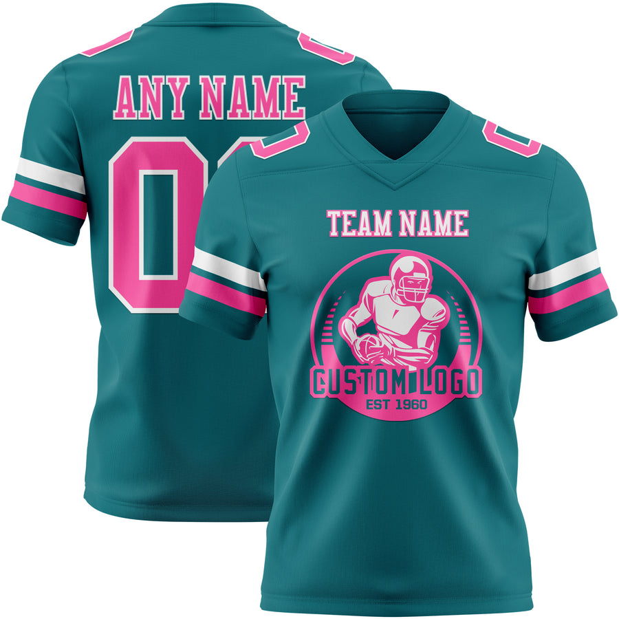 Custom Teal Pink-White Authentic Football Jersey