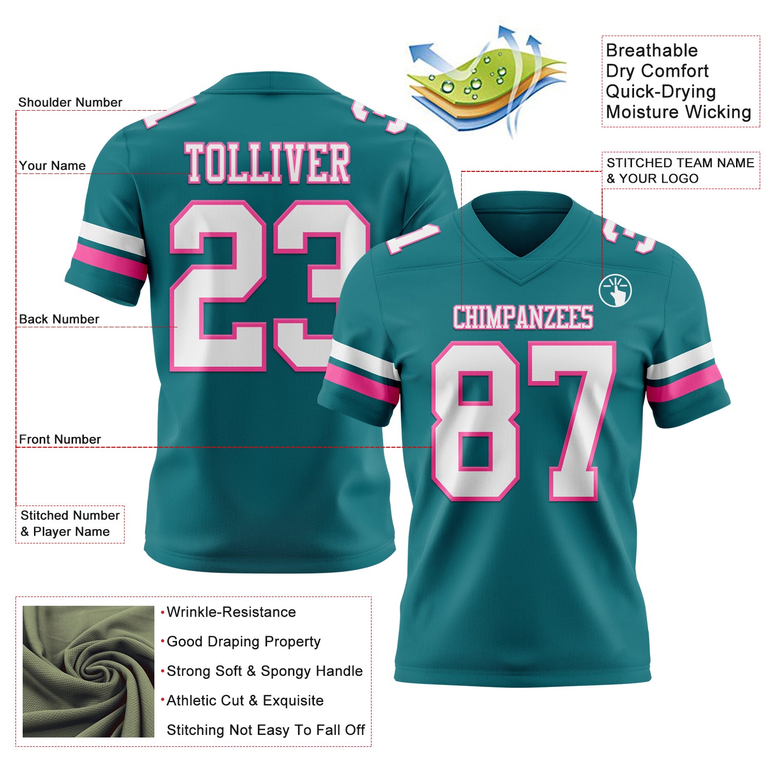 Custom Teal White-Pink Authentic Football Jersey