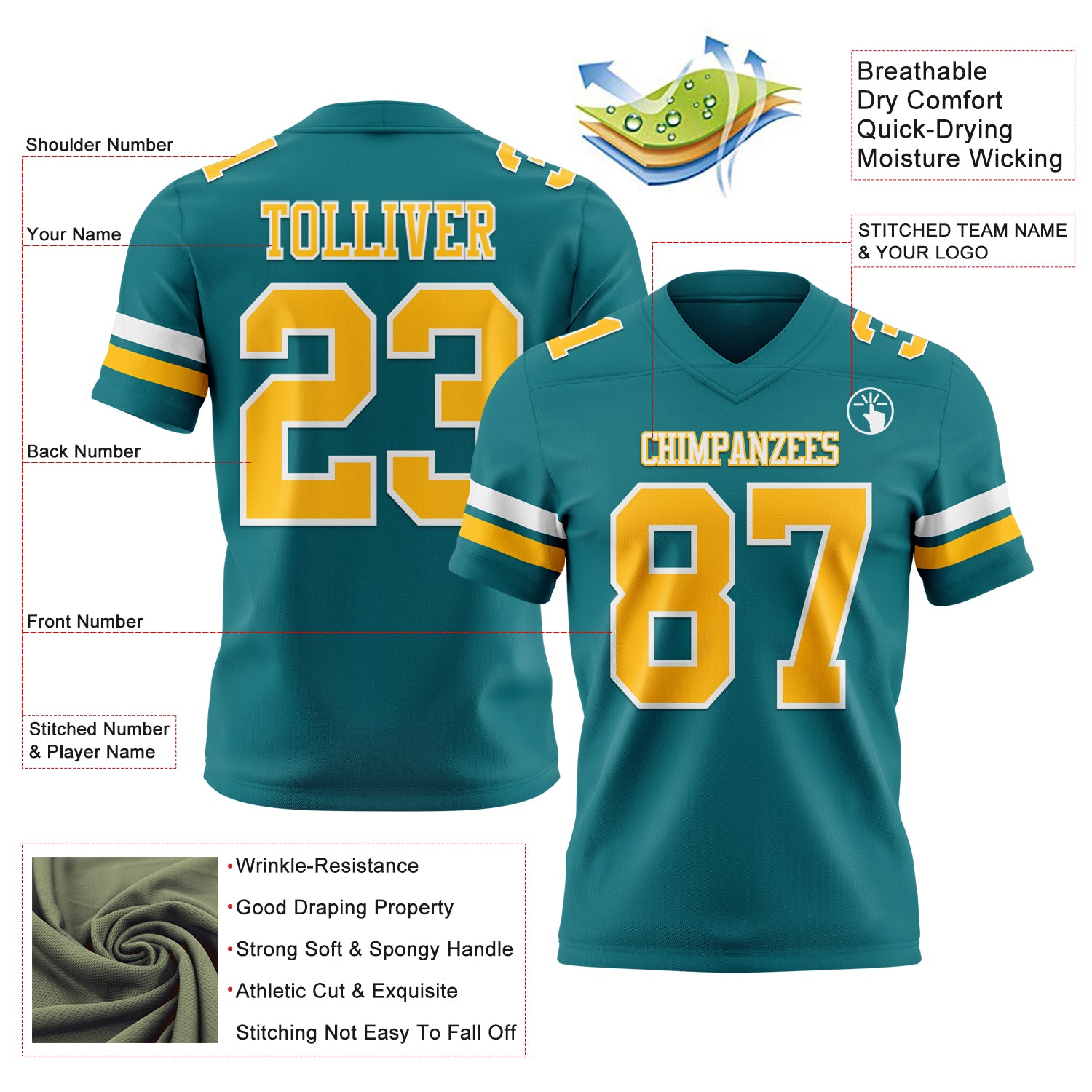 Custom Teal Gold-White Authentic Football Jersey
