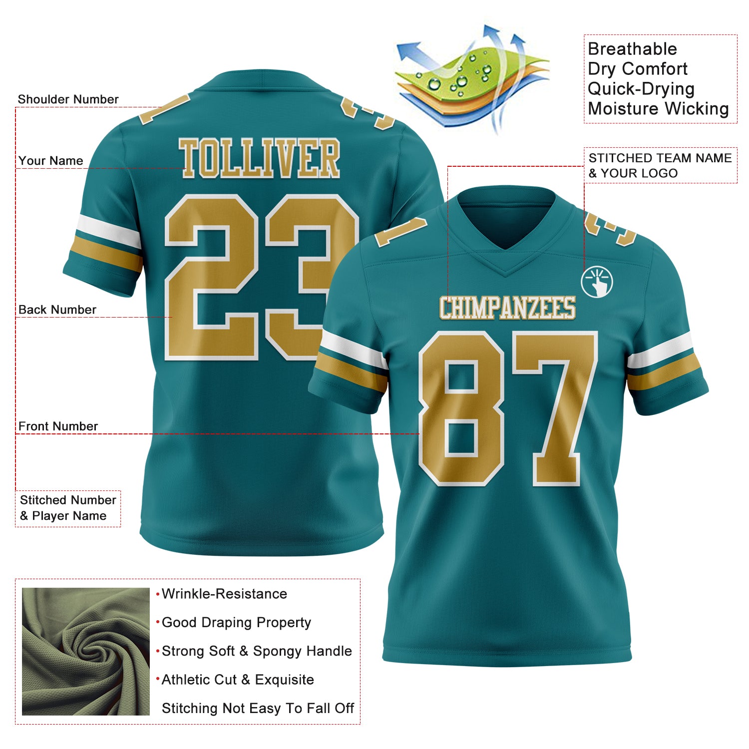 Custom Teal Old Gold-White Authentic Football Jersey
