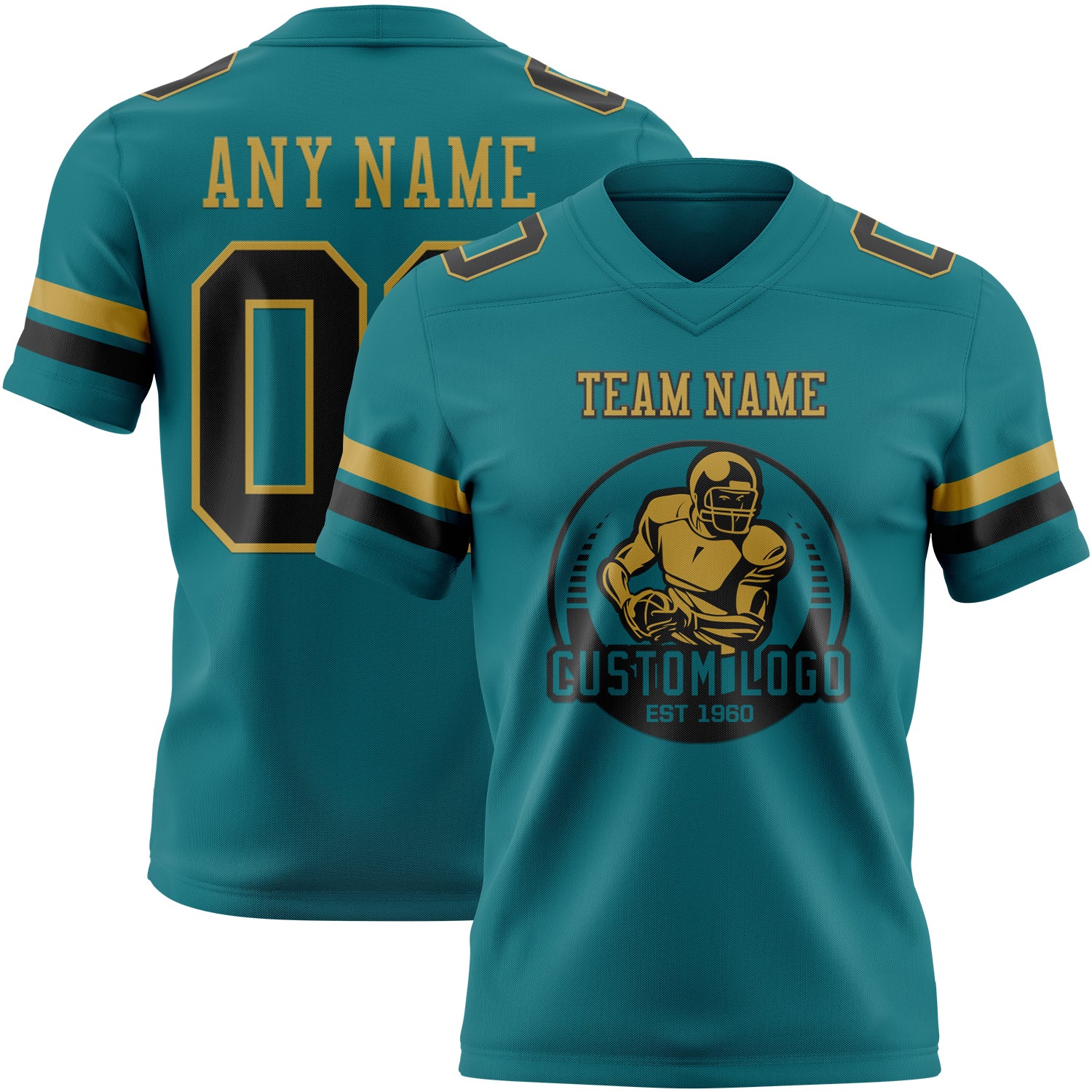 Custom Teal Black-Old Gold Authentic Football Jersey