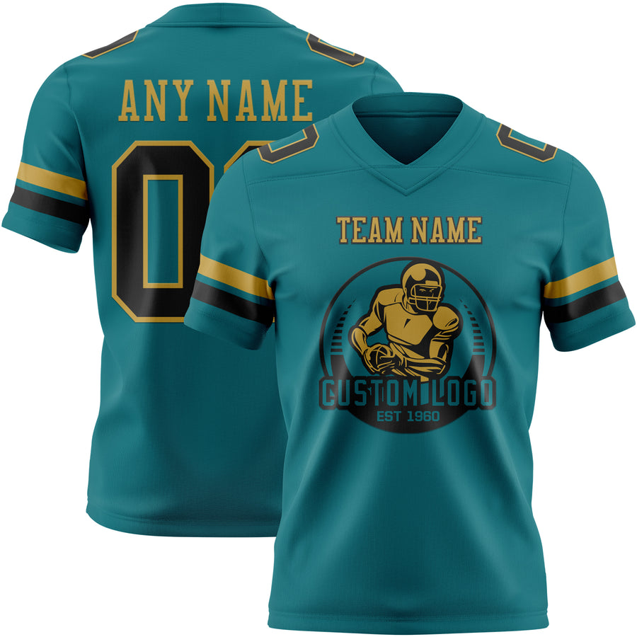 Custom Teal Black-Old Gold Authentic Football Jersey
