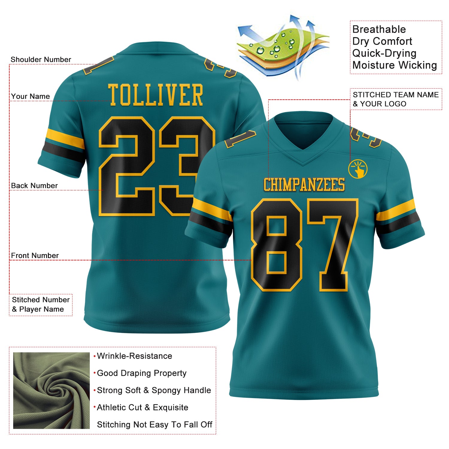 Custom Teal Black-Gold Authentic Football Jersey