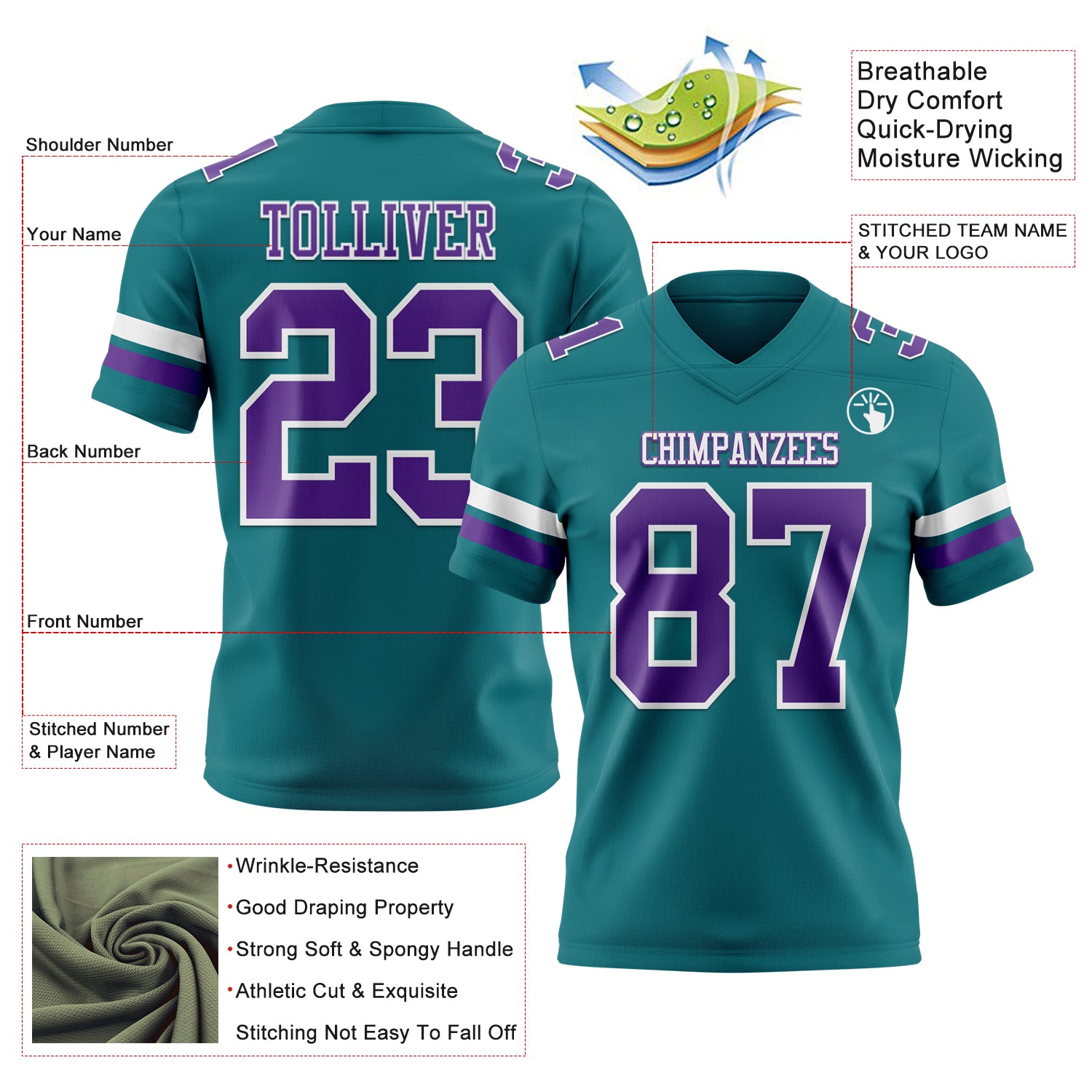 Custom Teal Purple-White Authentic Football Jersey