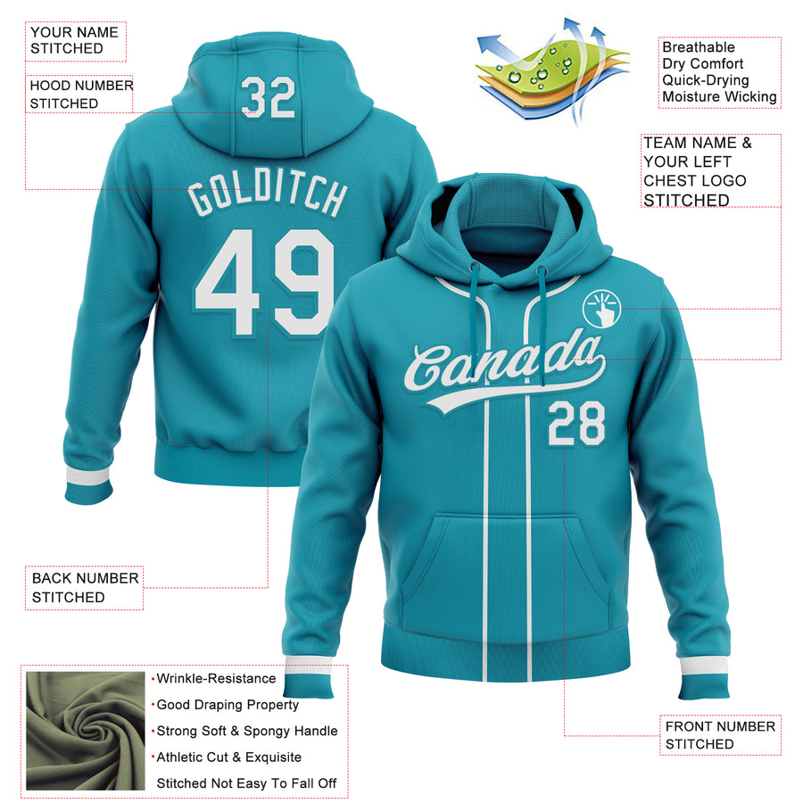 Custom Stitched Teal White-Teal Baseball Pullover Sweatshirt Hoodie
