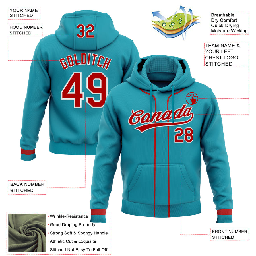 Custom Stitched Teal Red-White Baseball Pullover Sweatshirt Hoodie