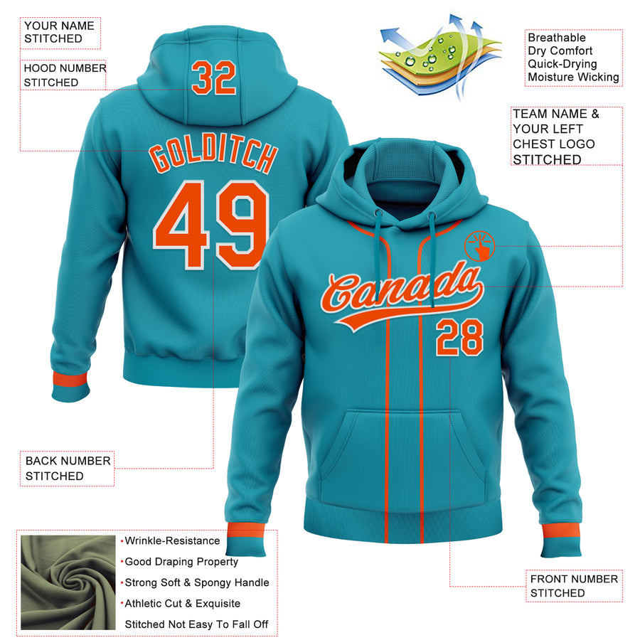 Custom Stitched Teal Orange-White Baseball Pullover Sweatshirt Hoodie