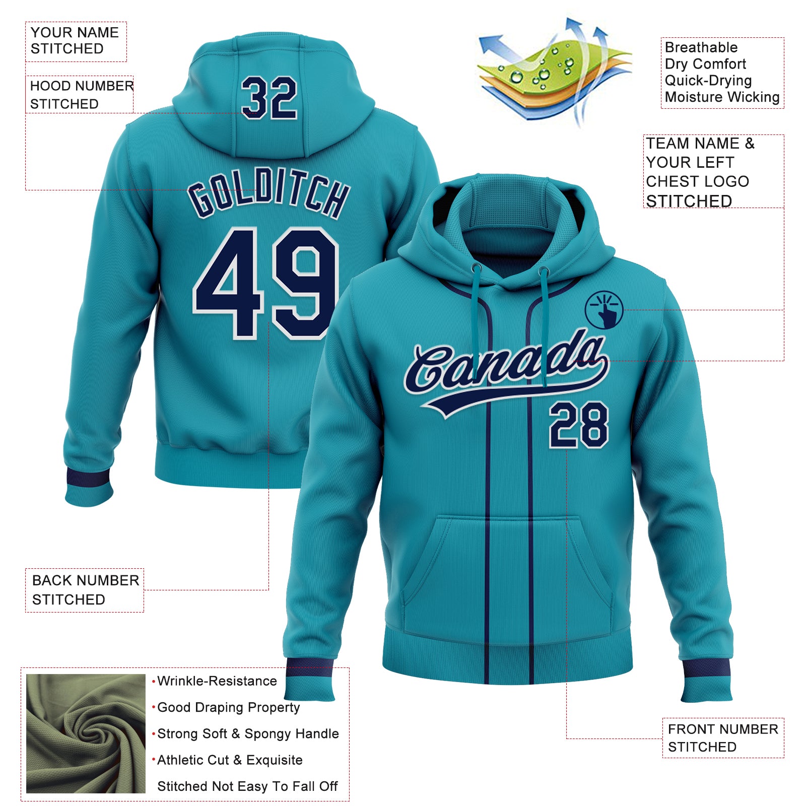 Custom Stitched Teal Navy-White Baseball Pullover Sweatshirt Hoodie