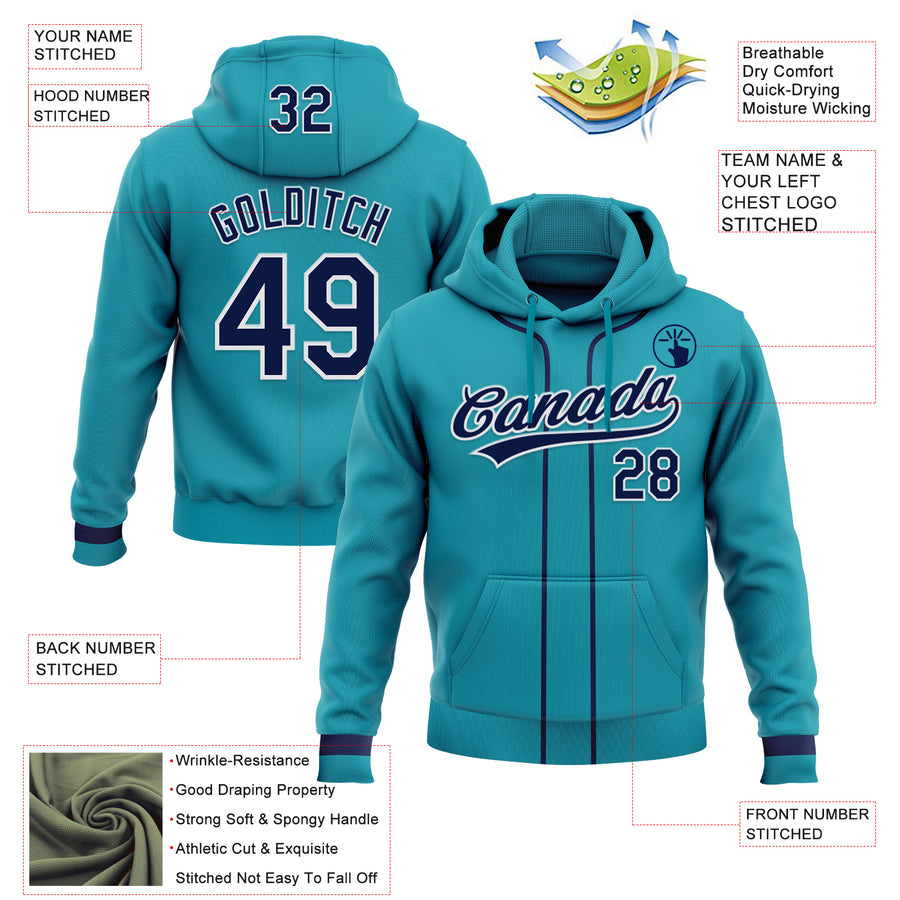 Custom Stitched Teal Navy-White Baseball Pullover Sweatshirt Hoodie
