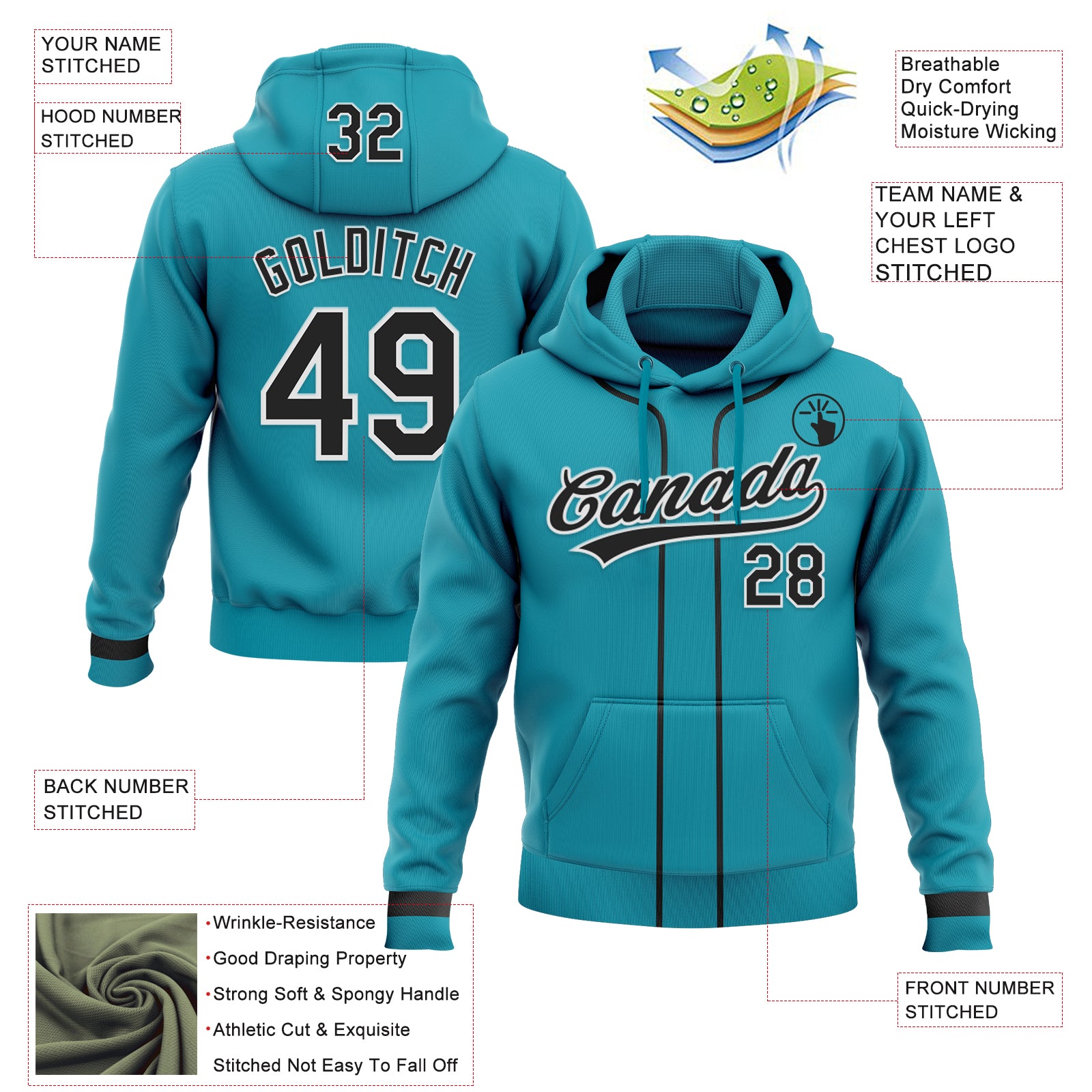 Custom Stitched Teal Black-White Baseball Pullover Sweatshirt Hoodie