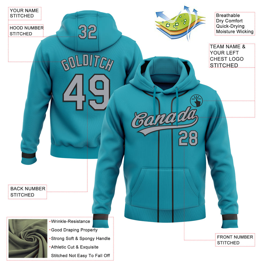 Custom Stitched Teal Gray-Black Baseball Pullover Sweatshirt Hoodie