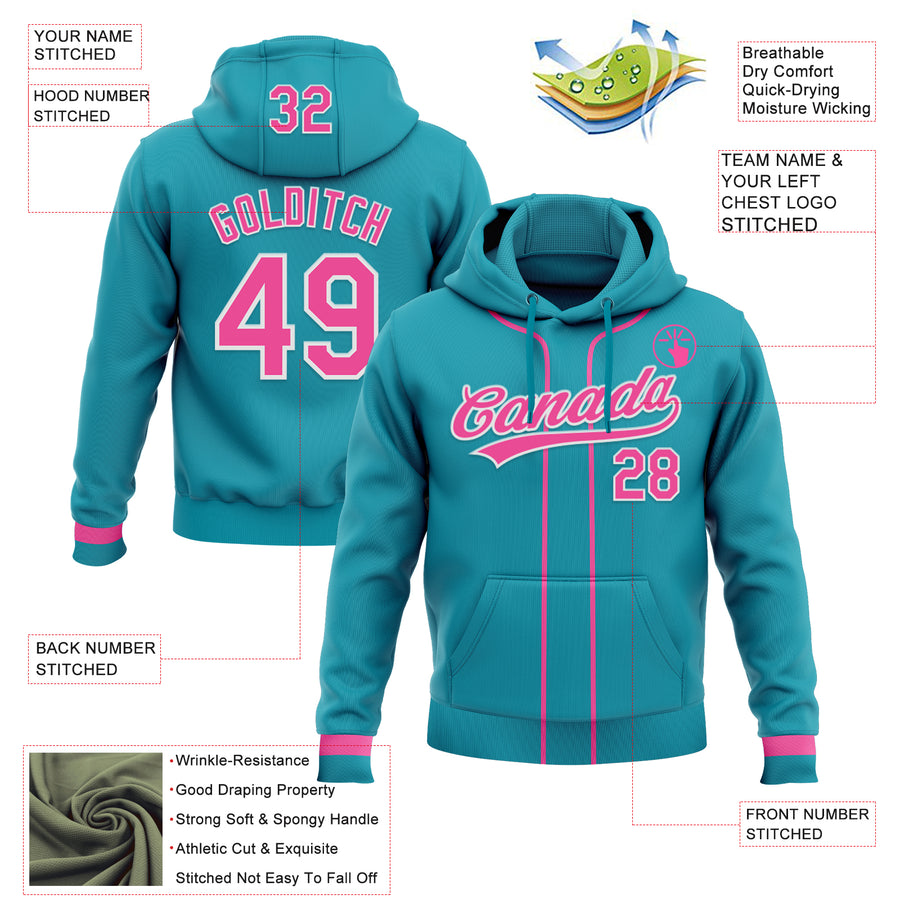 Custom Stitched Teal Pink-White Baseball Pullover Sweatshirt Hoodie