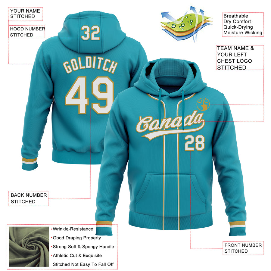 Custom Stitched Teal White-Old Gold Baseball Pullover Sweatshirt Hoodie