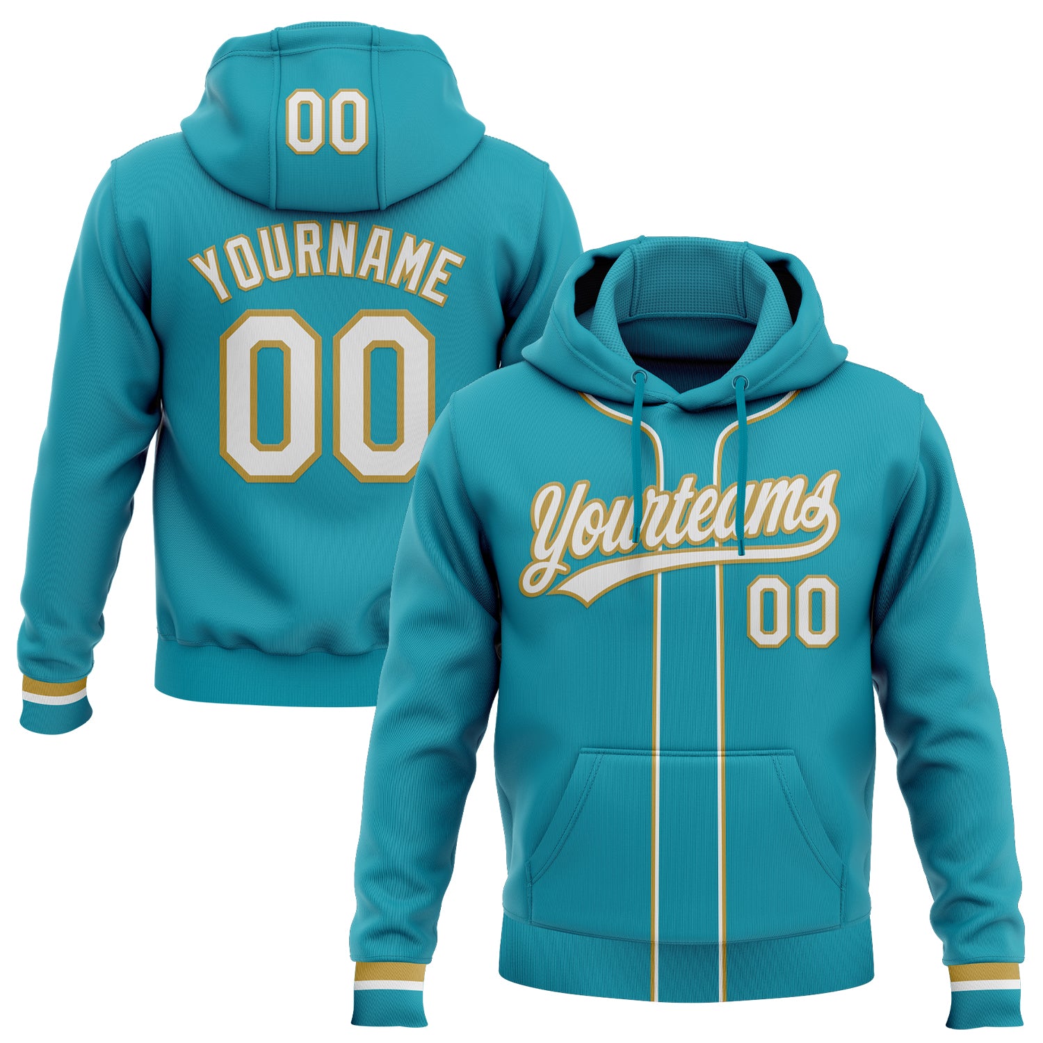 Custom Stitched Teal White-Old Gold Baseball Pullover Sweatshirt Hoodie