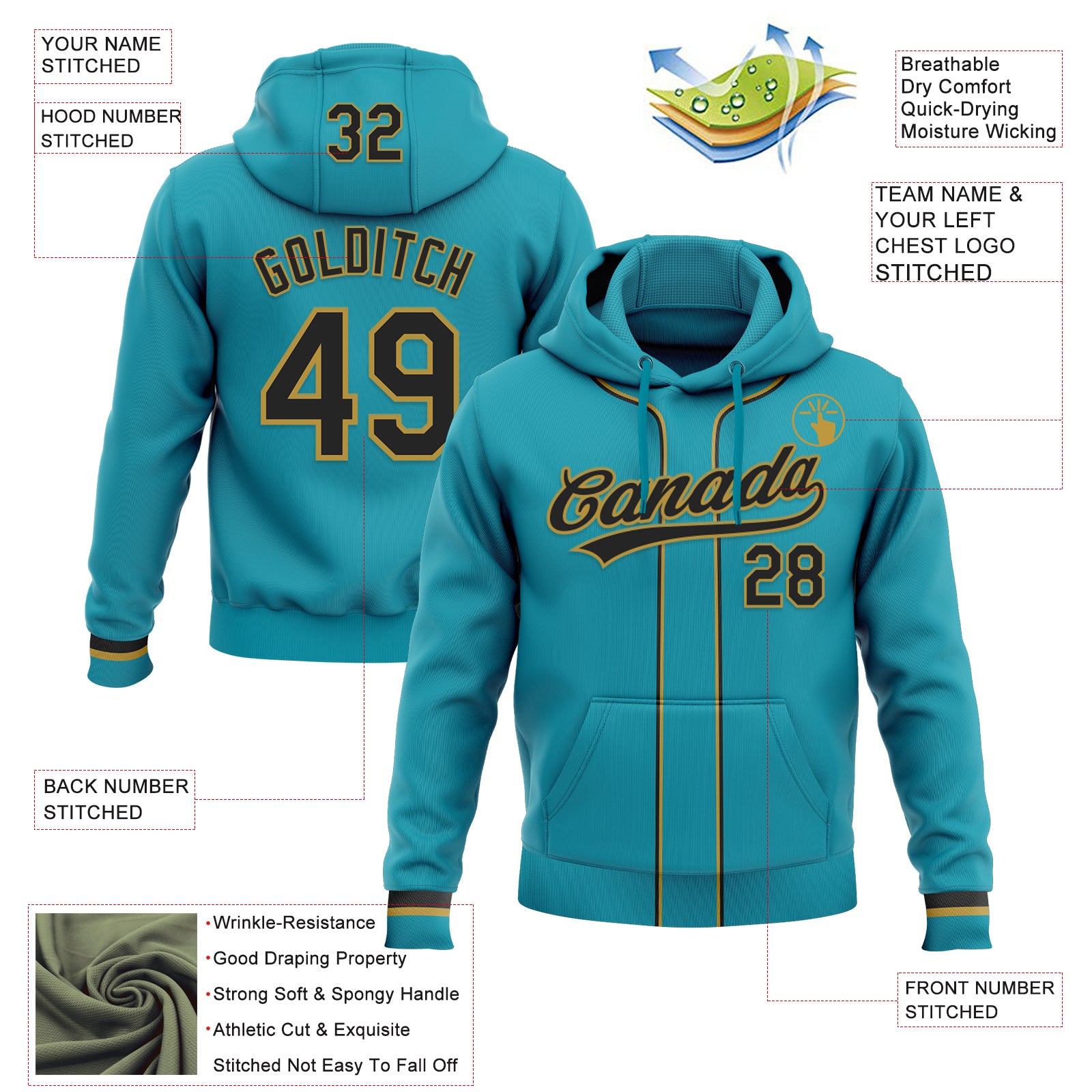 Custom Stitched Teal Black-Old Gold Baseball Pullover Sweatshirt Hoodie