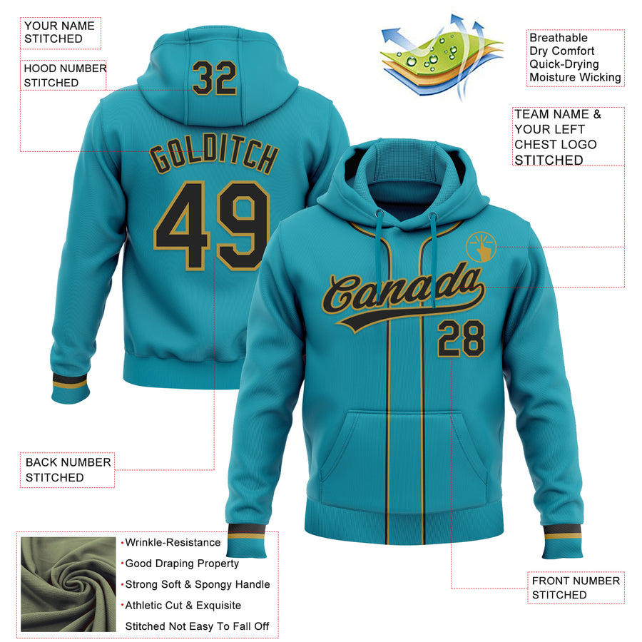 Custom Stitched Teal Black-Old Gold Baseball Pullover Sweatshirt Hoodie