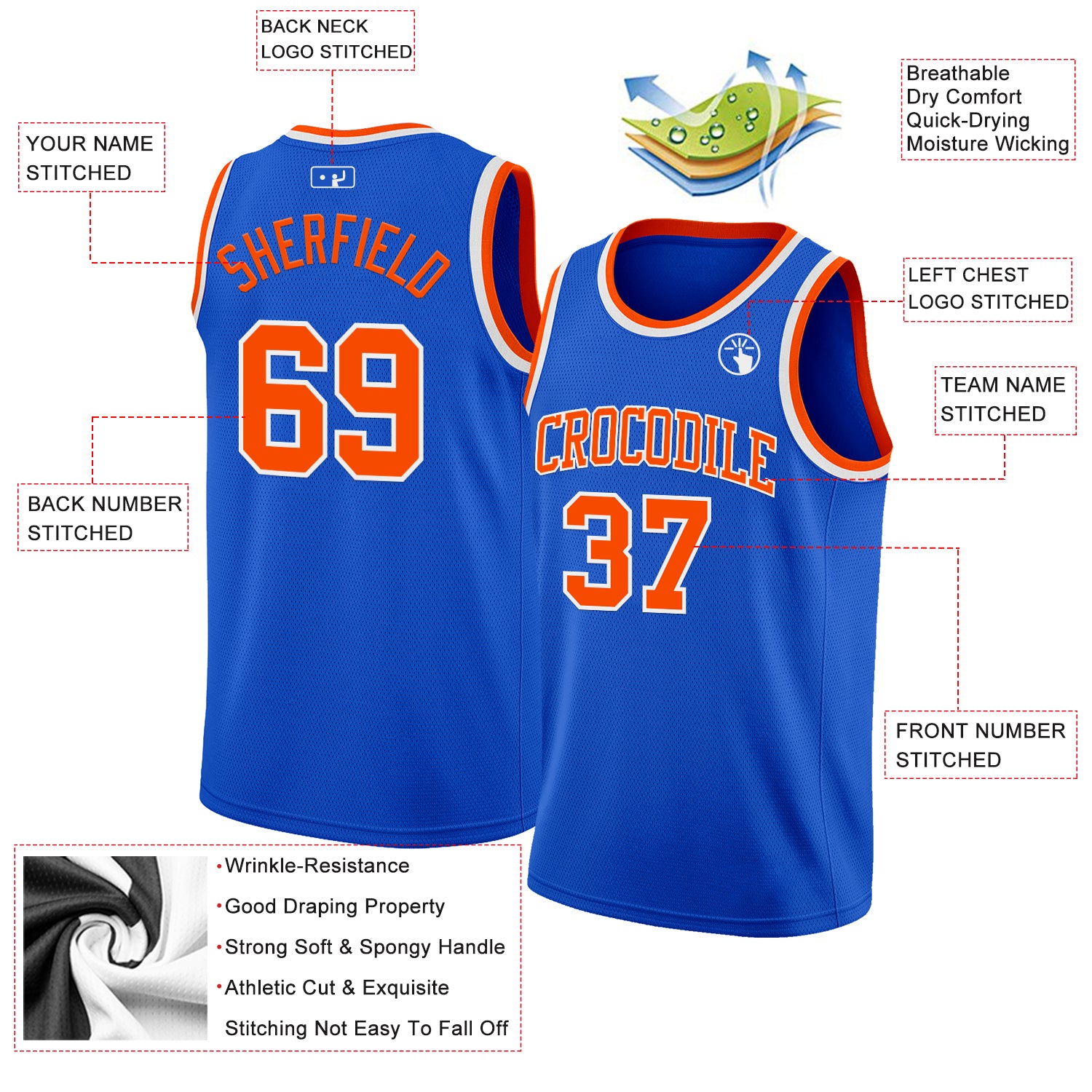 Custom Thunder Blue Orange-White Authentic Basketball Jersey