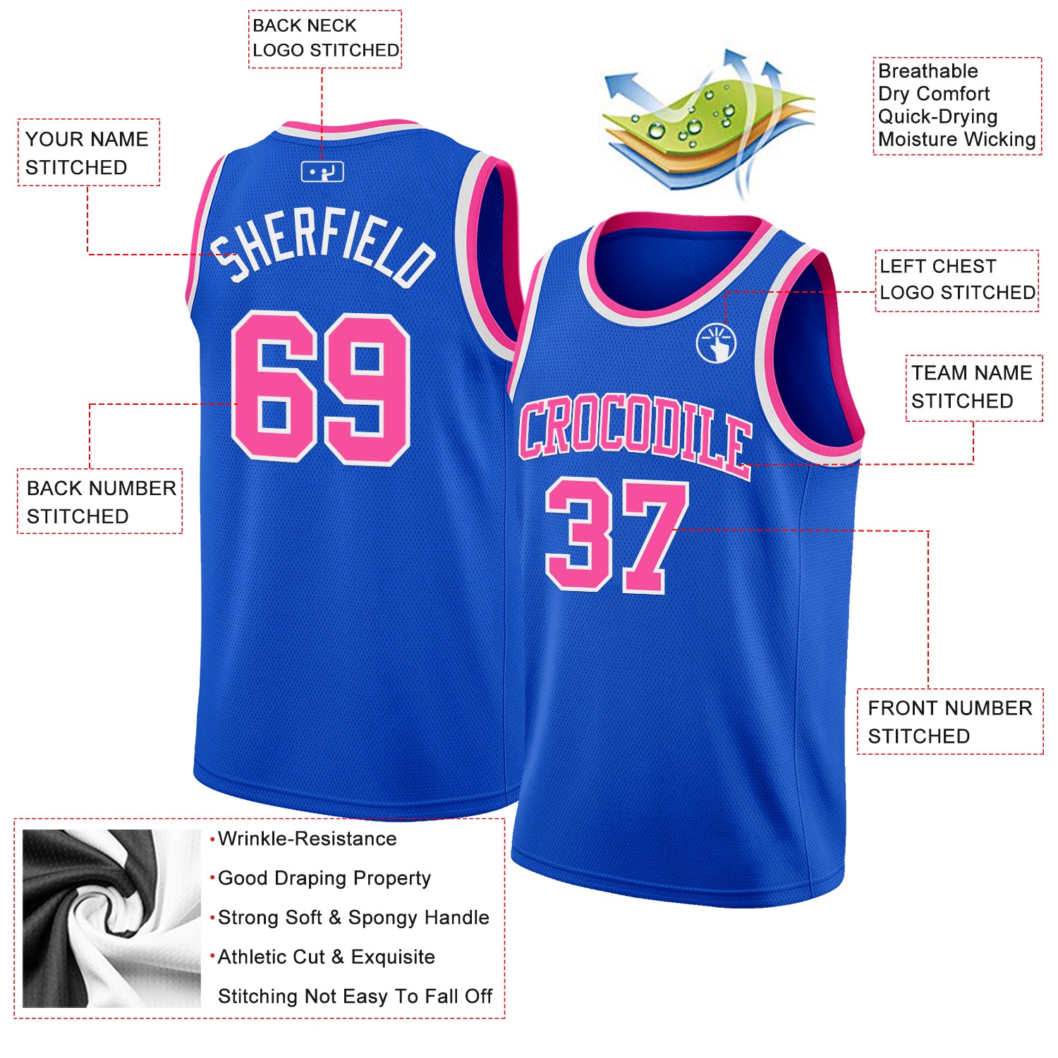 Custom Thunder Blue Pink-White Authentic Basketball Jersey