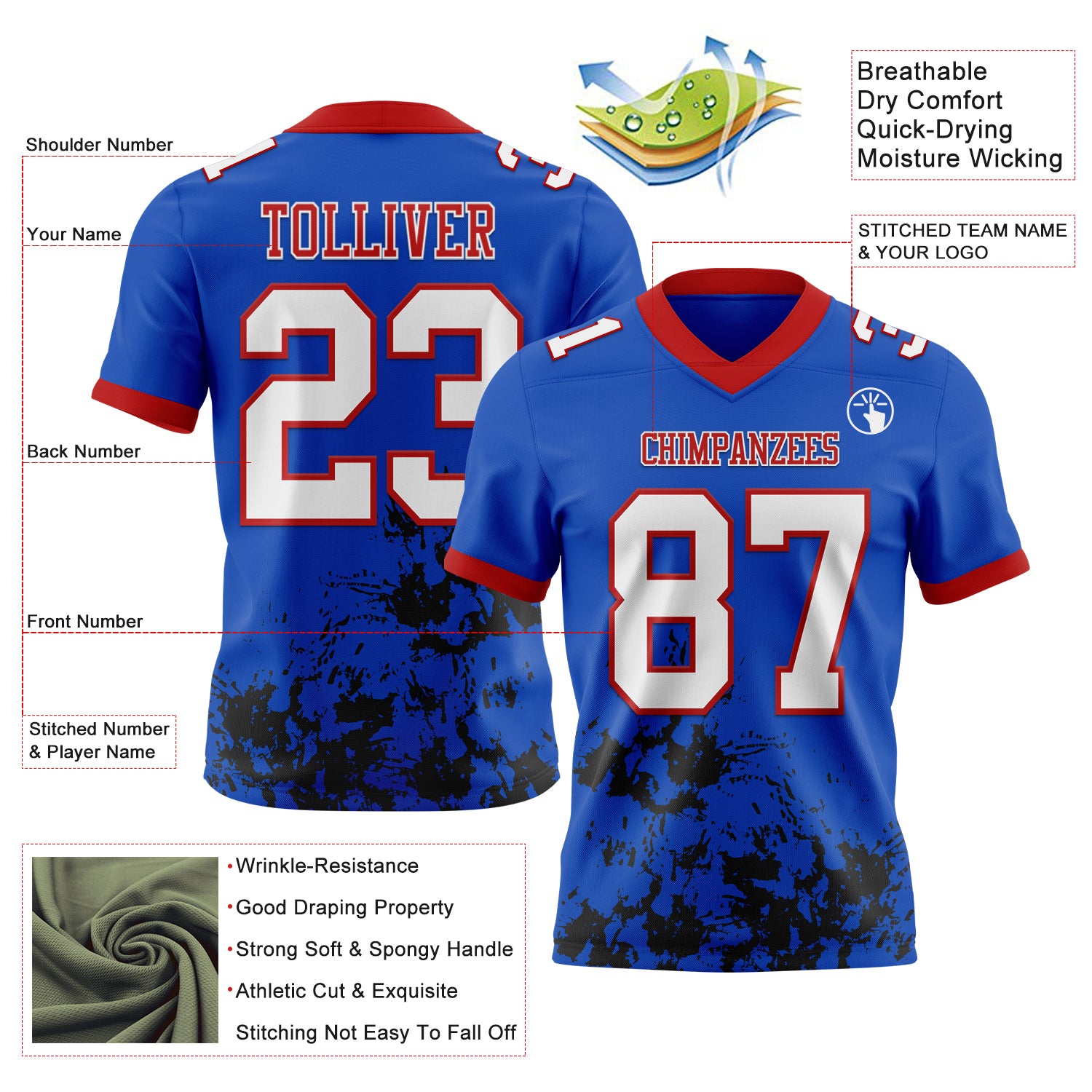 Custom Thunder Blue White Black-Red 3D Pattern Splash Authentic Football Jersey