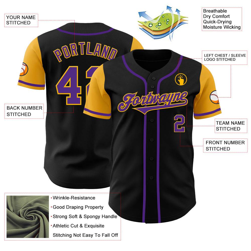 Custom Black Purple-Gold Authentic Two Tone Baseball Jersey