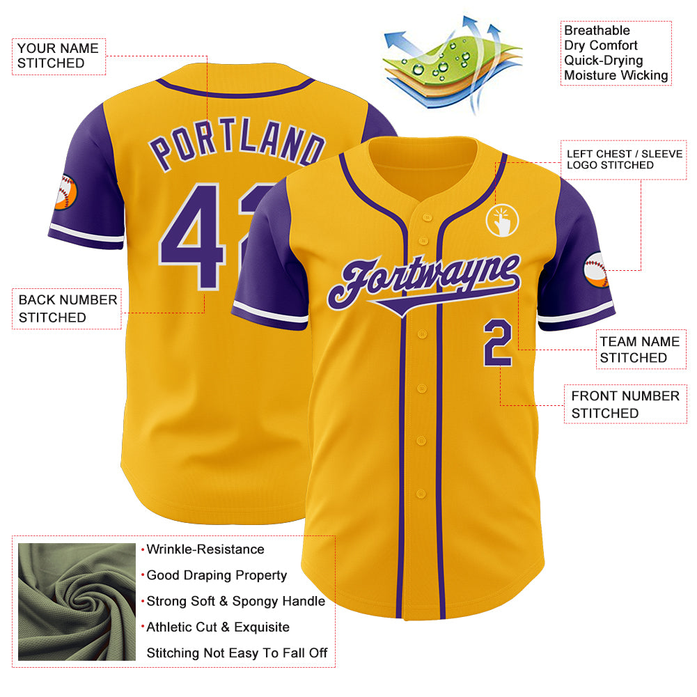 Custom Gold Purple-White Authentic Two Tone Baseball Jersey
