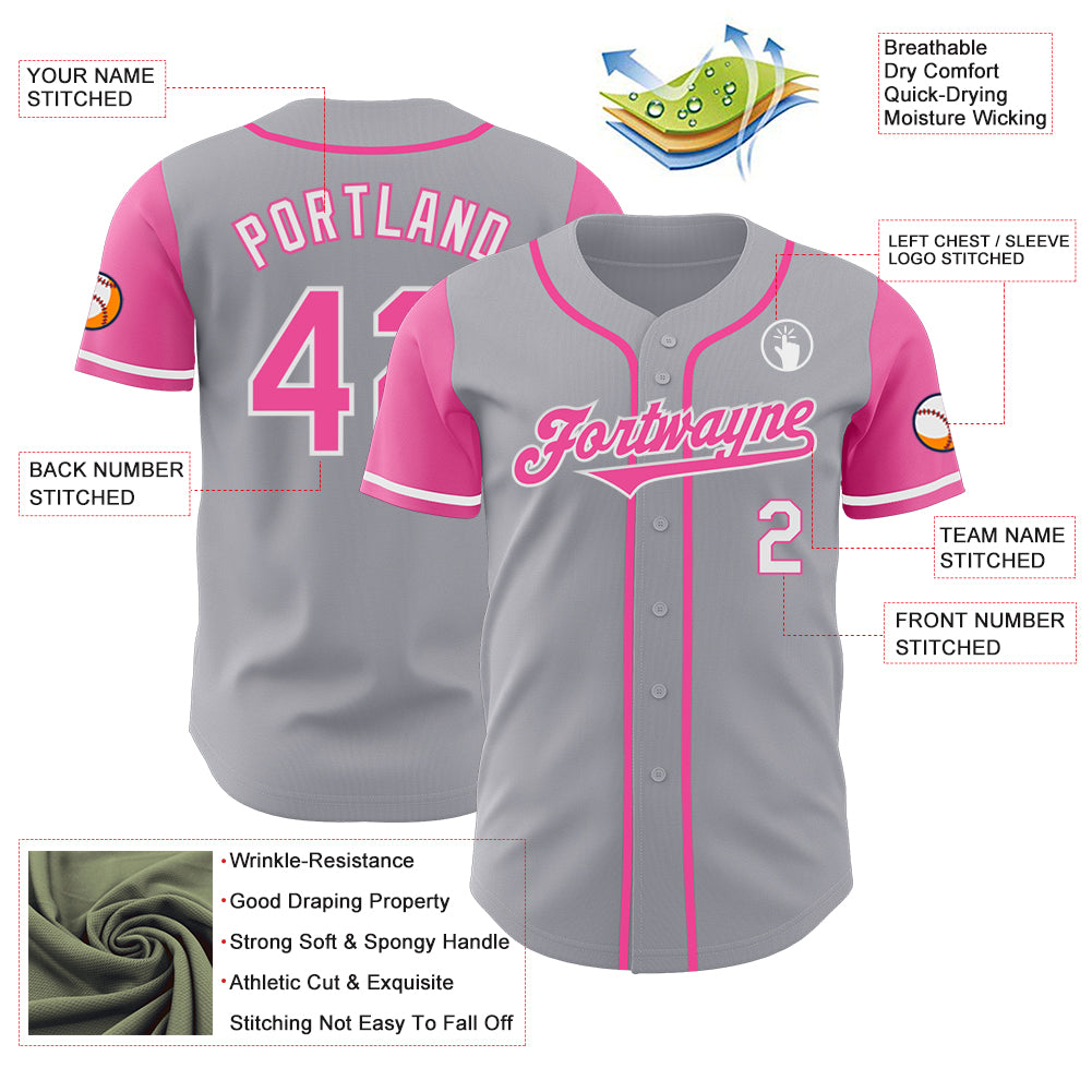 Custom Gray Pink-White Authentic Two Tone Baseball Jersey