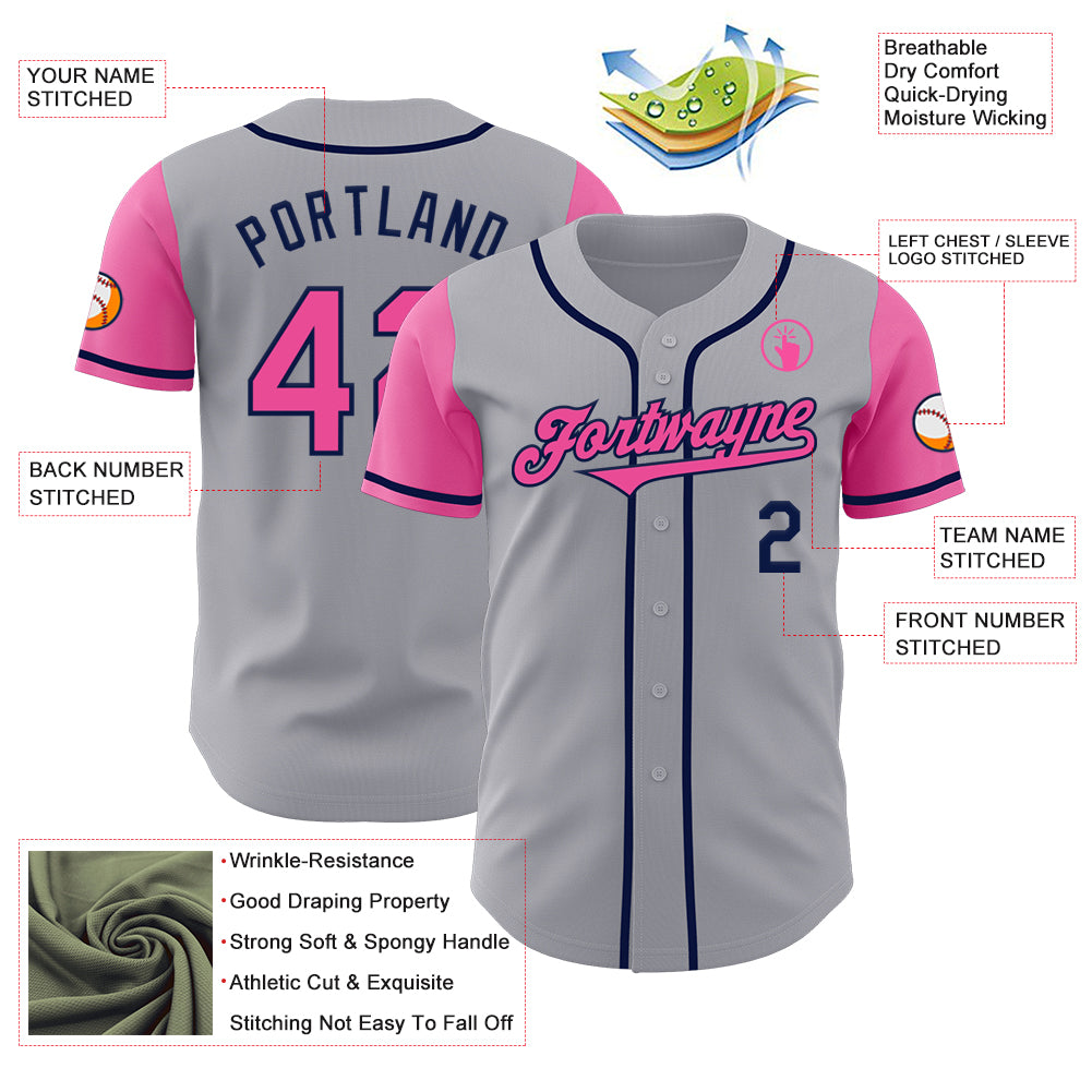 Custom Gray Pink-Navy Authentic Two Tone Baseball Jersey