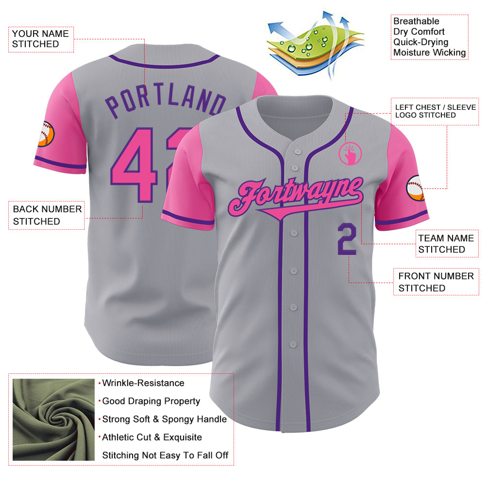 Custom Gray Pink-Purple Authentic Two Tone Baseball Jersey