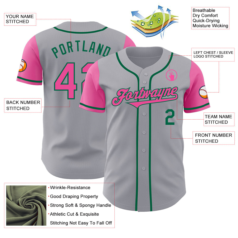 Custom Gray Pink-Kelly Green Authentic Two Tone Baseball Jersey