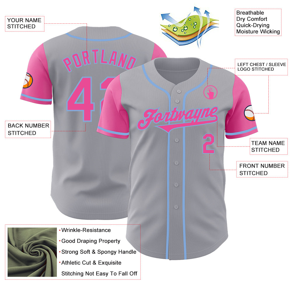 Custom Gray Pink-Light Blue Authentic Two Tone Baseball Jersey